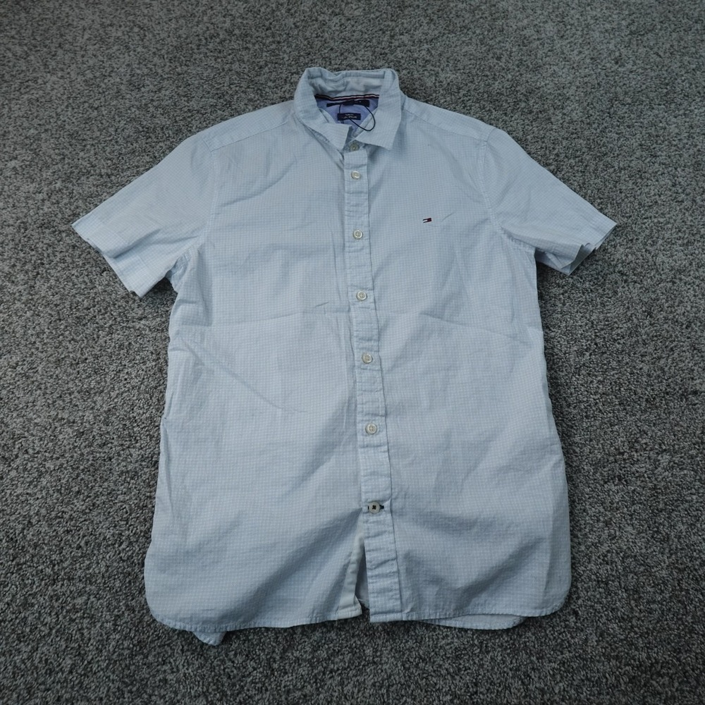 NEW Tommy Hilfiger Shirt Mens M Blue Micro Check Slim Fit Short Sleeve Button Up